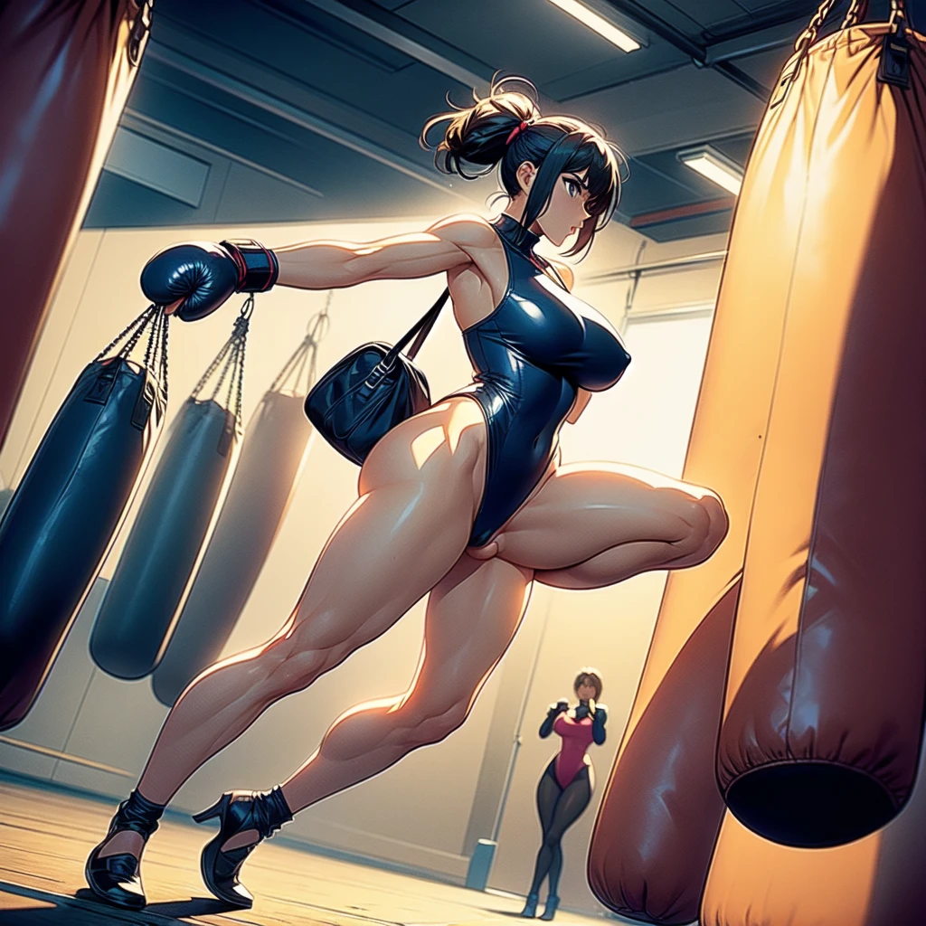 NSFW , Penis-shaped Mr./Ms. bag , Fullbody shot , Female boxing, Wear leotard , So huge breasts.