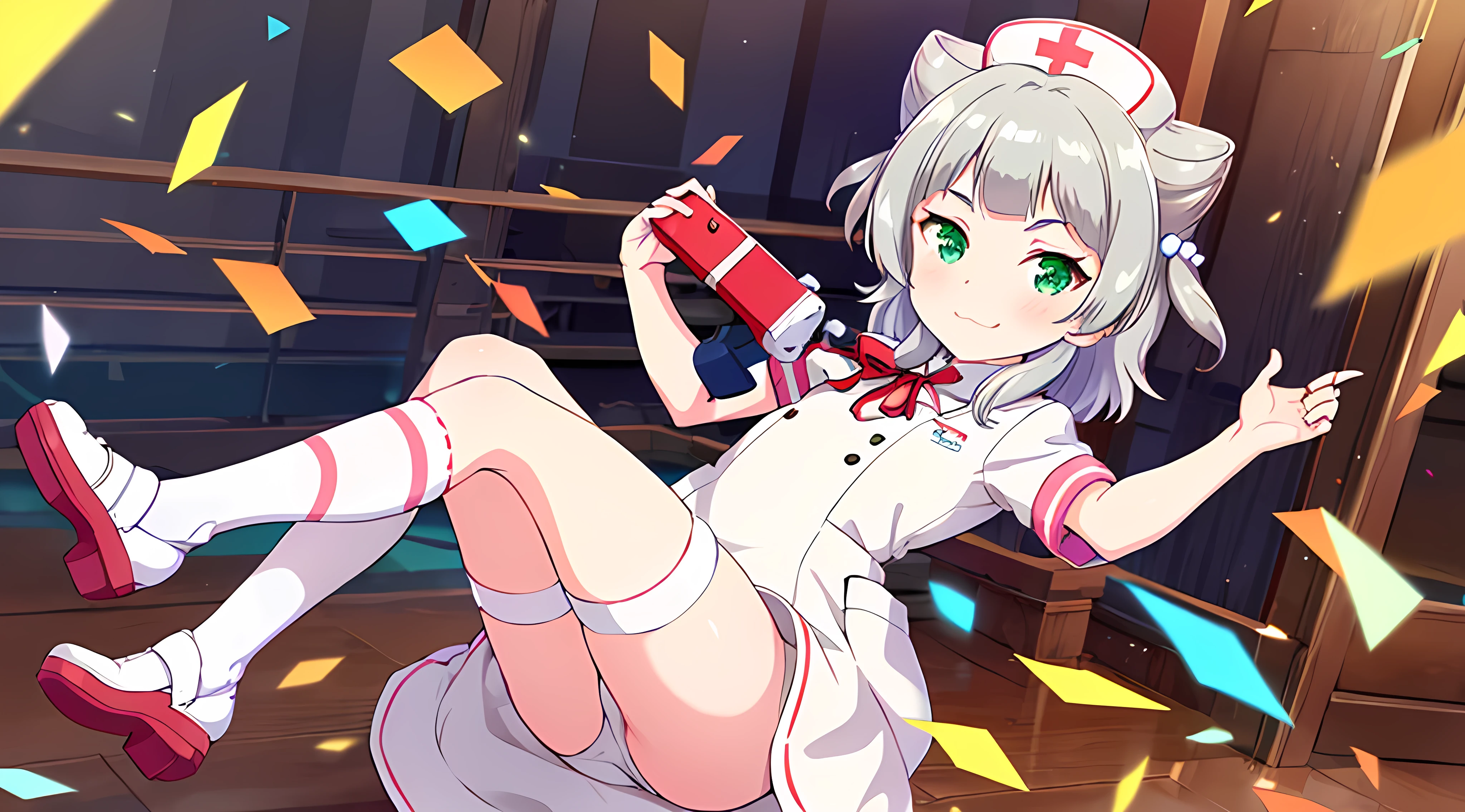 interior,hospital,A girl, alone, green eyes, gray fur, Hair ornaments, hits, Youtuber Virtual, shine, blunt hits, double explosion, animal ears, Lens flare, flat chest,pink nurse uniform,blush, (See your viewers), SMILE, 