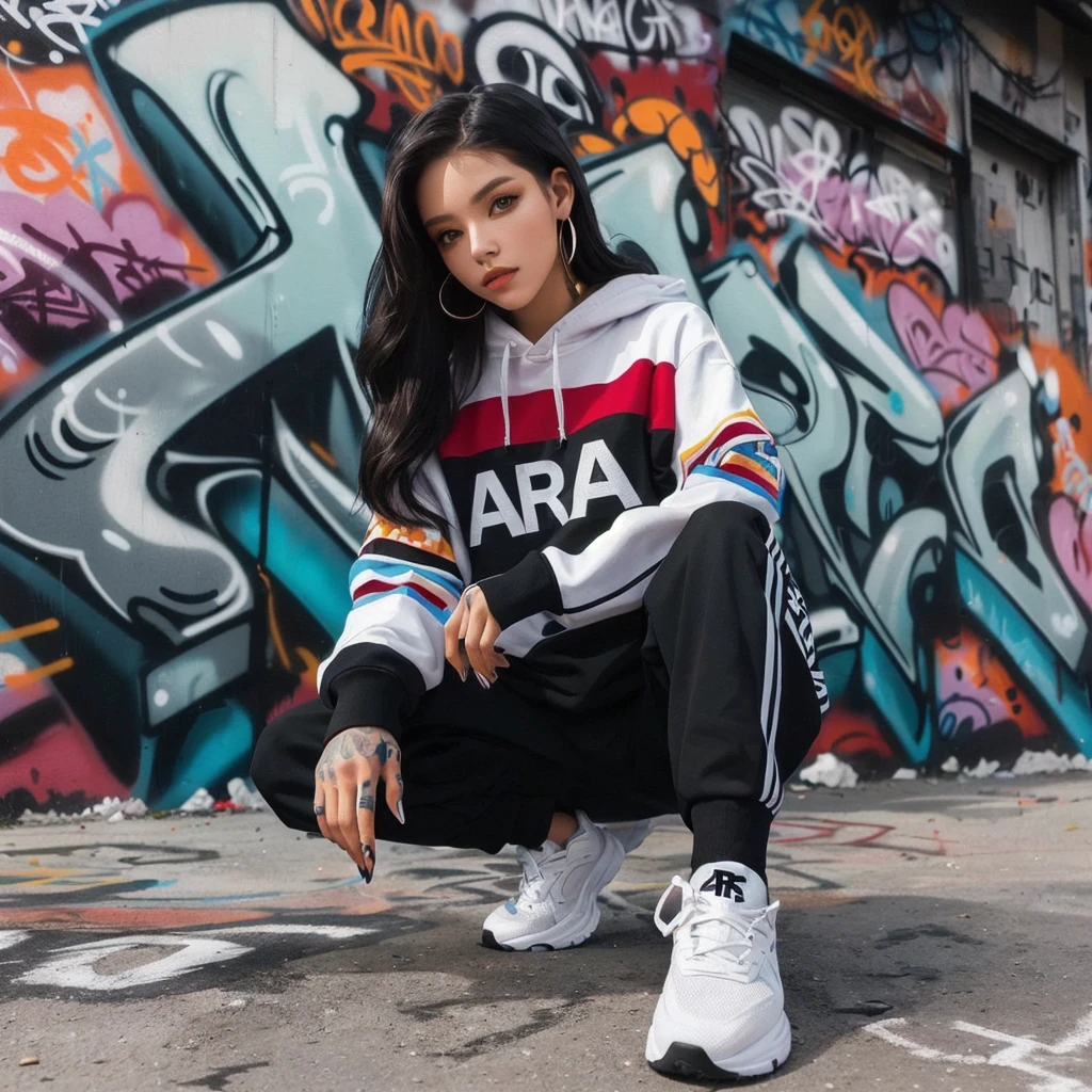 arafed woman sitting in front of a graffiti wall, graffiti in the background, she is wearing "ARA" streetwear, hip hop style, woman in streetwear, graffiti in background, hiphop urban inspired, airbrush style, promo shoot, female streetwear blogger, photo from a promo shoot, graffiti inspired, casual pose, alanis guillen, style of julia razumova