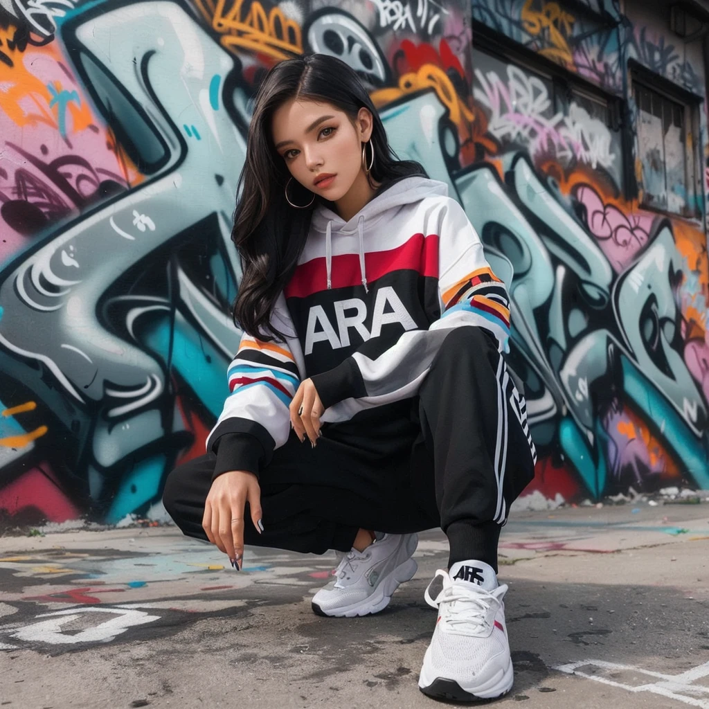 arafed woman sitting in front of a graffiti wall, graffiti in the background, she is wearing "ARA" streetwear, hip hop style, woman in streetwear, graffiti in background, hiphop urban inspired, airbrush style, promo shoot, female streetwear blogger, photo from a promo shoot, graffiti inspired, casual pose, alanis guillen, style of julia razumova