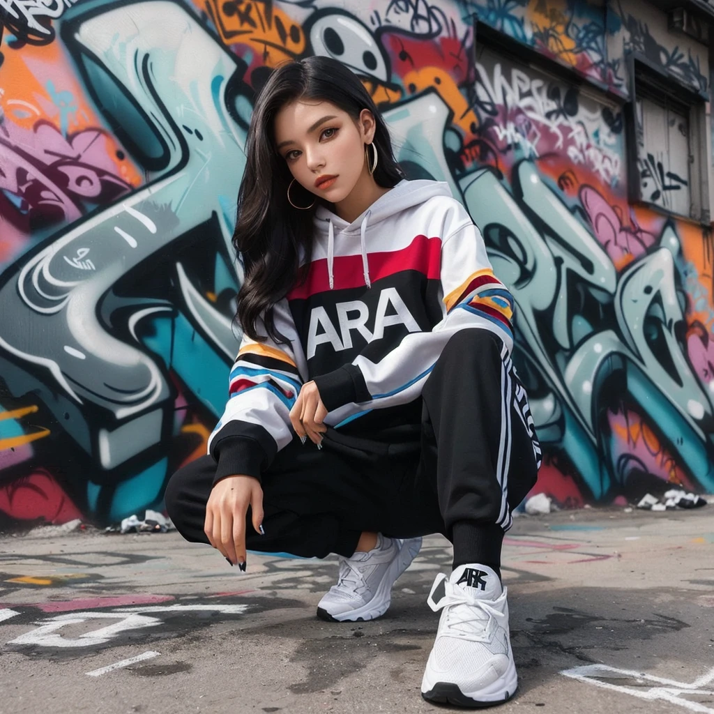 arafed woman sitting in front of a graffiti wall, graffiti in the background, she is wearing "ARA" streetwear, hip hop style, woman in streetwear, graffiti in background, hiphop urban inspired, airbrush style, promo shoot, female streetwear blogger, photo from a promo shoot, graffiti inspired, casual pose, alanis guillen, style of julia razumova