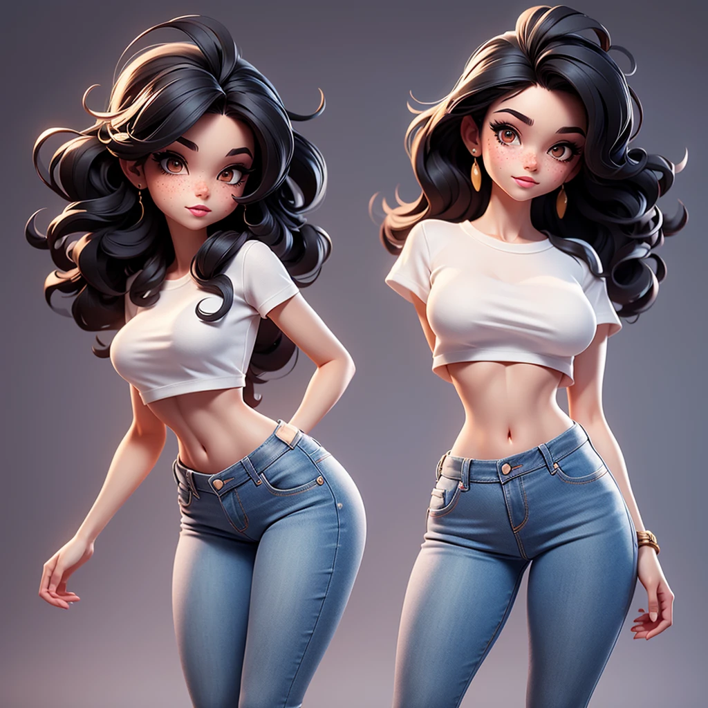 A sexy cartonn woman in beautiful jeans and white crop top posing gracefully for a photo, beauty in jeans, wavy black hair, Waist slender, freckles, sexy girl , mulher de corpo inteiro, wearing jeans, beautiful seductive woman, slender figure, cartoon vector style, corpo pin-up, Broad Hips