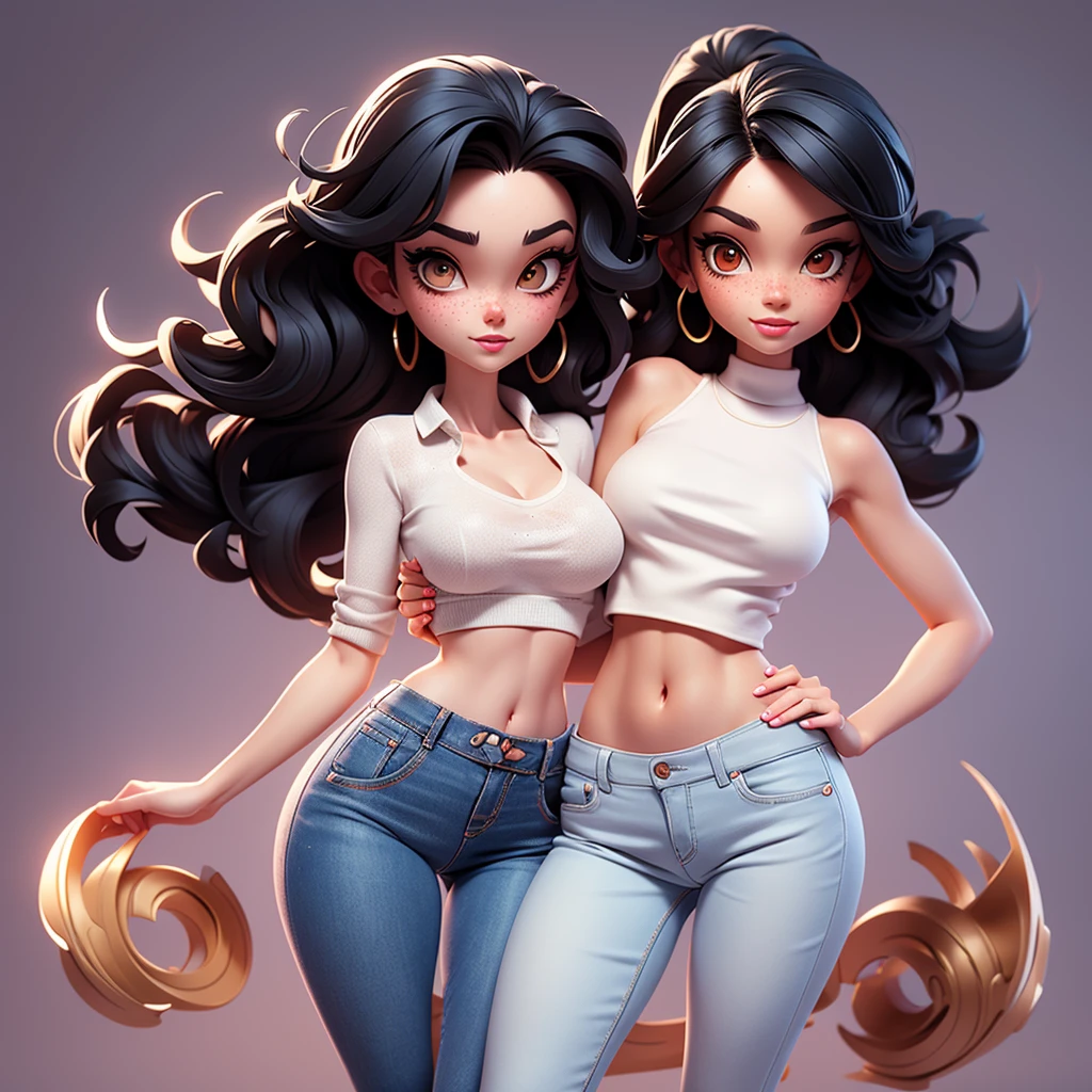  A sexy cartonn woman in beautiful jeans and white crop top posing gracefully for a photo, beauty in jeans, wavy black hair, Waist slender, freckles, sexy girl , mulher de corpo inteiro, wearing jeans, beautiful seductive woman, slender figure, cartoon vector style, corpo pin-up, Broad Hips