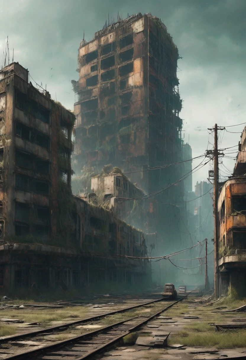 Image of the center of a modern abandoned city with a rusty and dirty abandoned train standing between the ruined dirty modern circular buildings. Cyberpunk style, Science fiction, apocalipse nuclear, urban scenery with traffic light poles and fallen wires,  there is a chain link fence around the buildings 