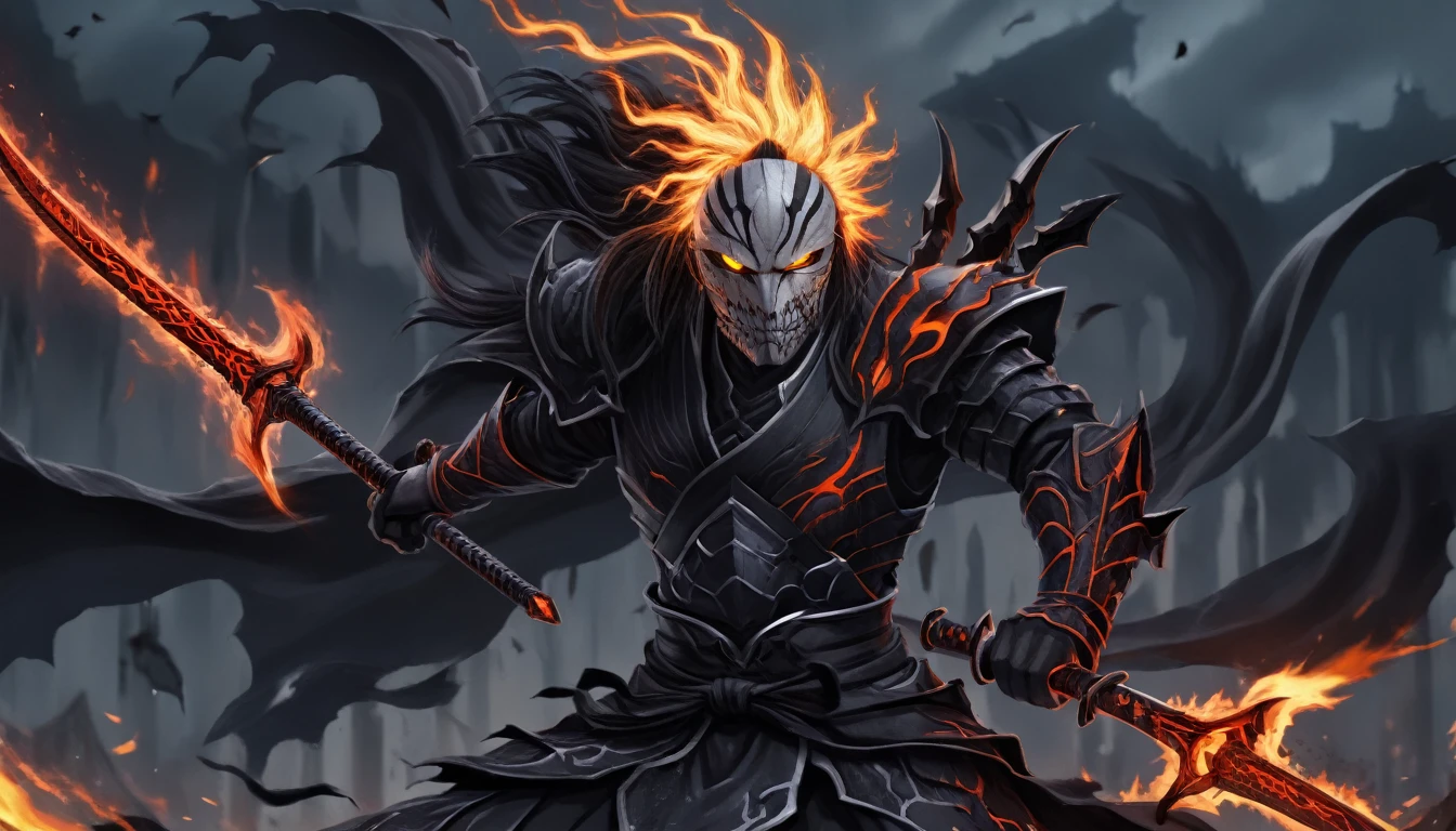 ninja mask, black hair, cape,close up, black heavy detailed clothes, katana, art, dark and malevolent, hand sword, armor, powerful and intimidating, (masterpiece, best quality, ultra-detailed, best shadow), (detailed background, dark fantasy) dramatic light, intricate details, dark and malevolent, powerful and intimidating, Dark and foreboding, malevolent force, sinister and chilling, armor, high detailed background, girl in demon slayer art, demon slayer art style, epic anime art, God death