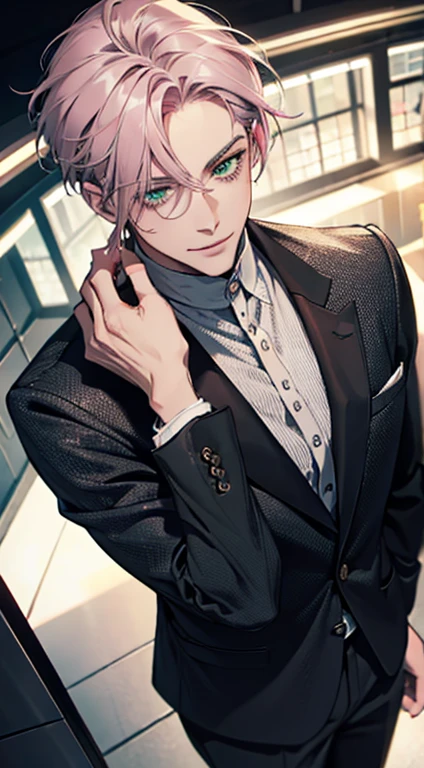 a mature man with short grey pink hair, green eyes, 31 years, and a perfect face, smiling in love, CEO, cinematic lighting, 1:4 HDR image, top view, ultra detailed, best quality, masterpiece, 8K, photorealistic, beautiful image