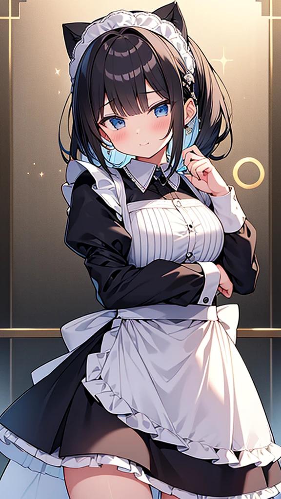 最high quality, high quality, Super detailed, 32k, Ultra-detailed details, Sister and maid, {{Target sister&#39;s face adult maid}}, (Standing, pretty girl, beautiful purple hair, short hair, Beautiful RED eyes, mature, Big Breasts, A light smile, Off-the-shoulder sleeveless Summer メイド服, Summer casual maid clothes, Short skirt, Blue and white color striped underwear, Black knee socks, loafers, She&#39;s holding up her skirt with both hands to show her underwear, 18-year-old,cute), A maid who moves her body vigorously without caring if her breasts bounce, Super detailed, indoor, Full body image, ((Head to Toe:1.3)), NSFW