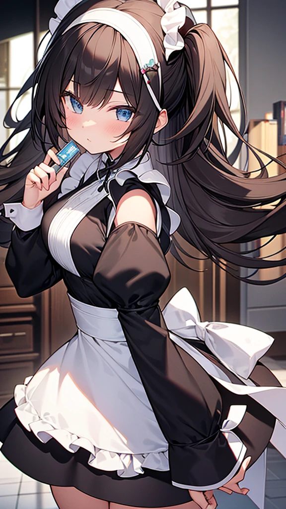 最high quality, high quality, Super detailed, 32k, Ultra-detailed details, Sister and maid, {{Target sister's face adult maid}}, (Standing, pretty girl, beautiful purple hair, short hair, Beautiful RED eyes, mature, Big Breasts, A light smile, Off-the-shoulder sleeveless Summer メイド服, Summer casual maid clothes, Short skirt, Blue and white color striped underwear, Black knee socks, loafers, She's holding up her skirt with both hands to show her underwear, 18-year-old,cute), A maid who moves her body vigorously without caring if her breasts bounce, Super detailed, indoor, Full body image, ((Head to Toe:1.3)), NSFW