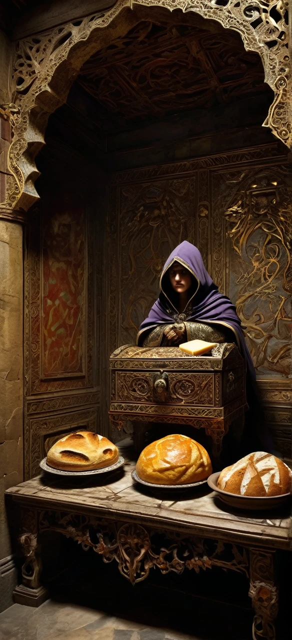 In the dimly lit depths of an ancient castle, a mysterious room lies hidden. The air is thick with dust, and the stone walls bear the weight of centuries. In the center of the room stands a golden chest, ornately decorated with intricate carvings of mythical creatures and twisted vines. The chest is slightly ajar, revealing a tantalizing glimpse of its contents. Inside, an assortment of exotic foods spills out—a ripe pomegranate, a wedge of aged cheese, a cluster of grapes, and a loaf of crusty bread. The room is suffused with an otherworldly glow, emanating from a hooded figure who hovers over the chest. This enigmatic sorcerer wears flowing robes adorned with arcane symbols, and their eyes gleam with an unsettling intensity. With outstretched hands, they channel dark magic, drawing forth the soul of a fallen warrior lying nearby. The warrior’s ethereal form twists and writhes, merging with the food in the chest. The room trembles as the boundary between life and death blurs, and the sorcerer’s intent remains shrouded in mystery