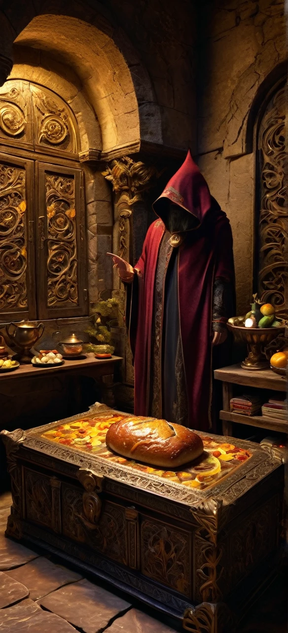 In the dimly lit depths of an ancient castle, a mysterious room lies hidden. The air is thick with dust, and the stone walls bear the weight of centuries. In the center of the room stands a golden chest, ornately decorated with intricate carvings of mythical creatures and twisted vines. The chest is slightly ajar, revealing a tantalizing glimpse of its contents. Inside, an assortment of exotic foods spills out—a ripe pomegranate, a wedge of aged cheese, a cluster of grapes, and a loaf of crusty bread. The room is suffused with an otherworldly glow, emanating from a hooded figure who hovers over the chest. This enigmatic sorcerer wears flowing robes adorned with arcane symbols, and their eyes gleam with an unsettling intensity. With outstretched hands, they channel dark magic, drawing forth the soul of a fallen warrior lying nearby. The warrior’s ethereal form twists and writhes, merging with the food in the chest. The room trembles as the boundary between life and death blurs, and the sorcerer’s intent remains shrouded in mystery