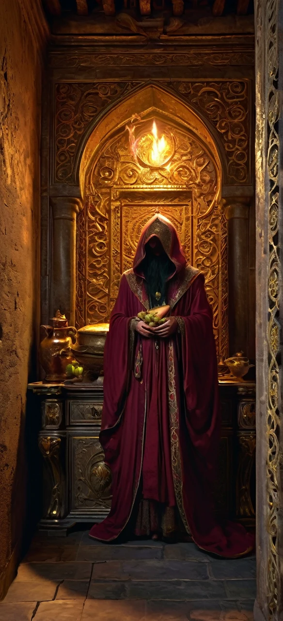 In the dimly lit depths of an ancient castle, a mysterious room lies hidden. The air is thick with dust, and the stone walls bear the weight of centuries. In the center of the room stands a golden chest, ornately decorated with intricate carvings of mythical creatures and twisted vines. The chest is slightly ajar, revealing a tantalizing glimpse of its contents. Inside, an assortment of exotic foods spills out—a ripe pomegranate, a wedge of aged cheese, a cluster of grapes, and a loaf of crusty bread. The room is suffused with an otherworldly glow, emanating from a hooded figure who hovers over the chest. This enigmatic sorcerer wears flowing robes adorned with arcane symbols, and their eyes gleam with an unsettling intensity. With outstretched hands, they channel dark magic, drawing forth the soul of a fallen warrior lying nearby. The warrior’s ethereal form twists and writhes, merging with the food in the chest. The room trembles as the boundary between life and death blurs, and the sorcerer’s intent remains shrouded in mystery