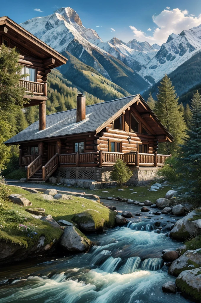 a close up of a house in a mountain with a stream, log cabin beneath the alps, nature wallpaper, scenery art detailed, 8 k hd detailed oil painting, majestic nature scenery, detailed painting 4 k, oil painting 4 k, oil painting 4k, hd wallpaper, beautiful art uhd 4 k, in a mountain valley, beautiful wallpaper, amazing wallpaper
