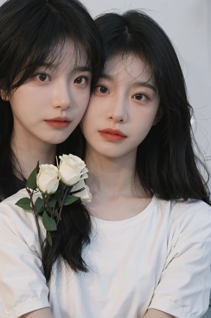 best quality, Ultra-high resolution, White background,16K,simplesmente fofo,(Realistically:1.4), 2 girls, White short sleeve,twin,Triplets,Rose Rain,A pair of eyes as clear as snow,Royal sisters,looking at the audience, close up ,