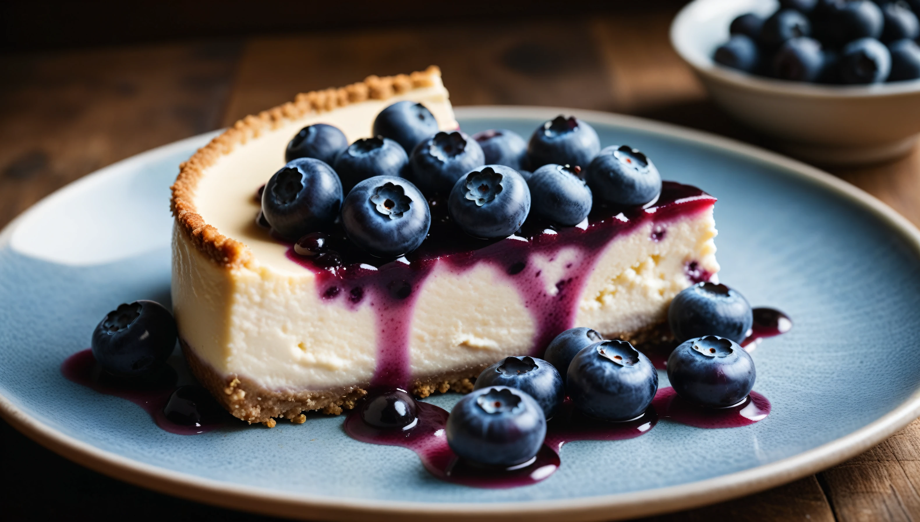 Documentary RAW Photography,a Blueberry Cheesecake, highlighting its exquisite, lacy texture and impeccable balance. The composition should evoke an irresistible urge to taste, with every detail crafted to inspire both amateur and seasoned cooks, (sharpness in detail:1.1), masterpiece, 35mm photograph, (iconic photograph:1.4), (visual storytelling:1.2), film grain, award winning photography,vibrant use of light and shadow, high quality textures of materials, volumetric textures  perfect composition, dynamic play of light, rich colors, epic shot, perfectly quality, natural textures,high detail, photoshadow, (natural colors, correct white balance, color correction, dehaze),(intricate detailed), 8k