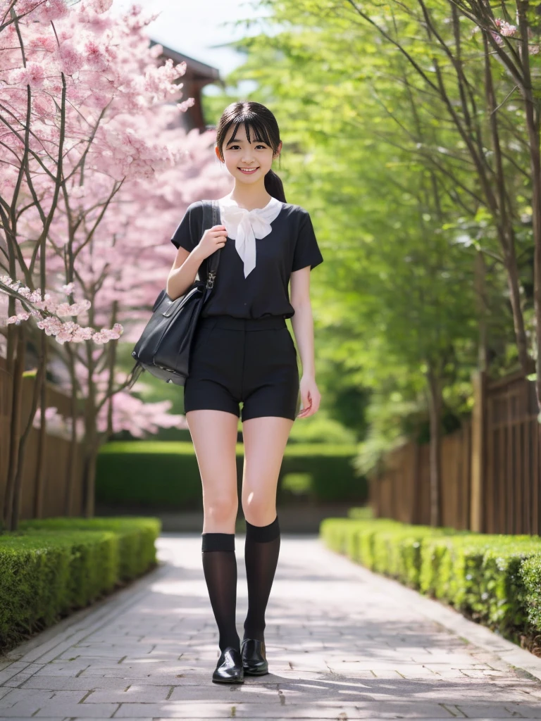 ((No clothes))、Completely naked、A girl walking under the cherry blossoms in an old Japanese street,Thick pubic hair,Small nipples、Slender body、Being thin、Long, slender legs、Black leather shoes,White socks,school bag,,Young Face、bangs,A small smile,Thighs,knees,Low ponytail with barrette,From below,Front light
