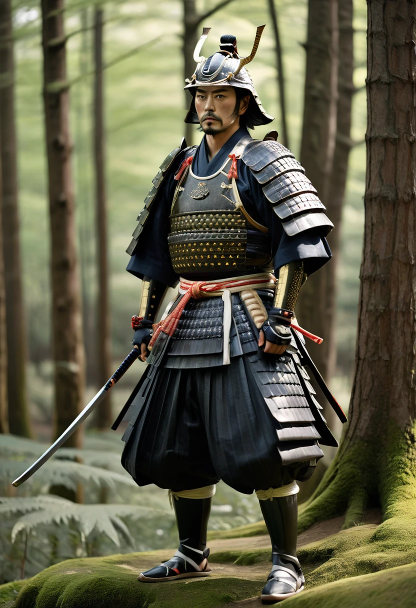 a photo of a samurai standing, front view, (full body:1.4), studio lighting, masterpiece, 16k resolution, insane details