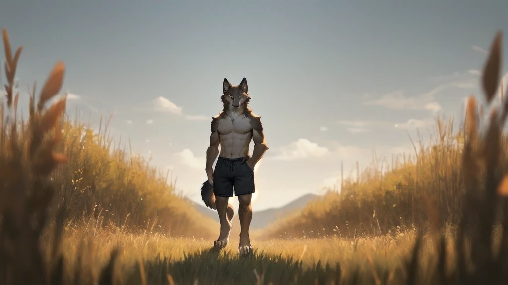 furry,male,anthropology(Prairie wolf),high quality,Correct structure,Brown fur,masterpiece,Depth of Field,Standing,black shorts,Full body portrait