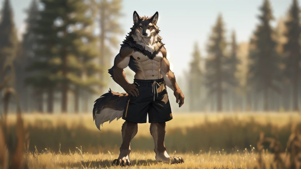 furry,male,anthropology(Prairie wolf),high quality,Correct structure,Brown fur,masterpiece,Depth of Field,Standing,black shorts,Full body portrait