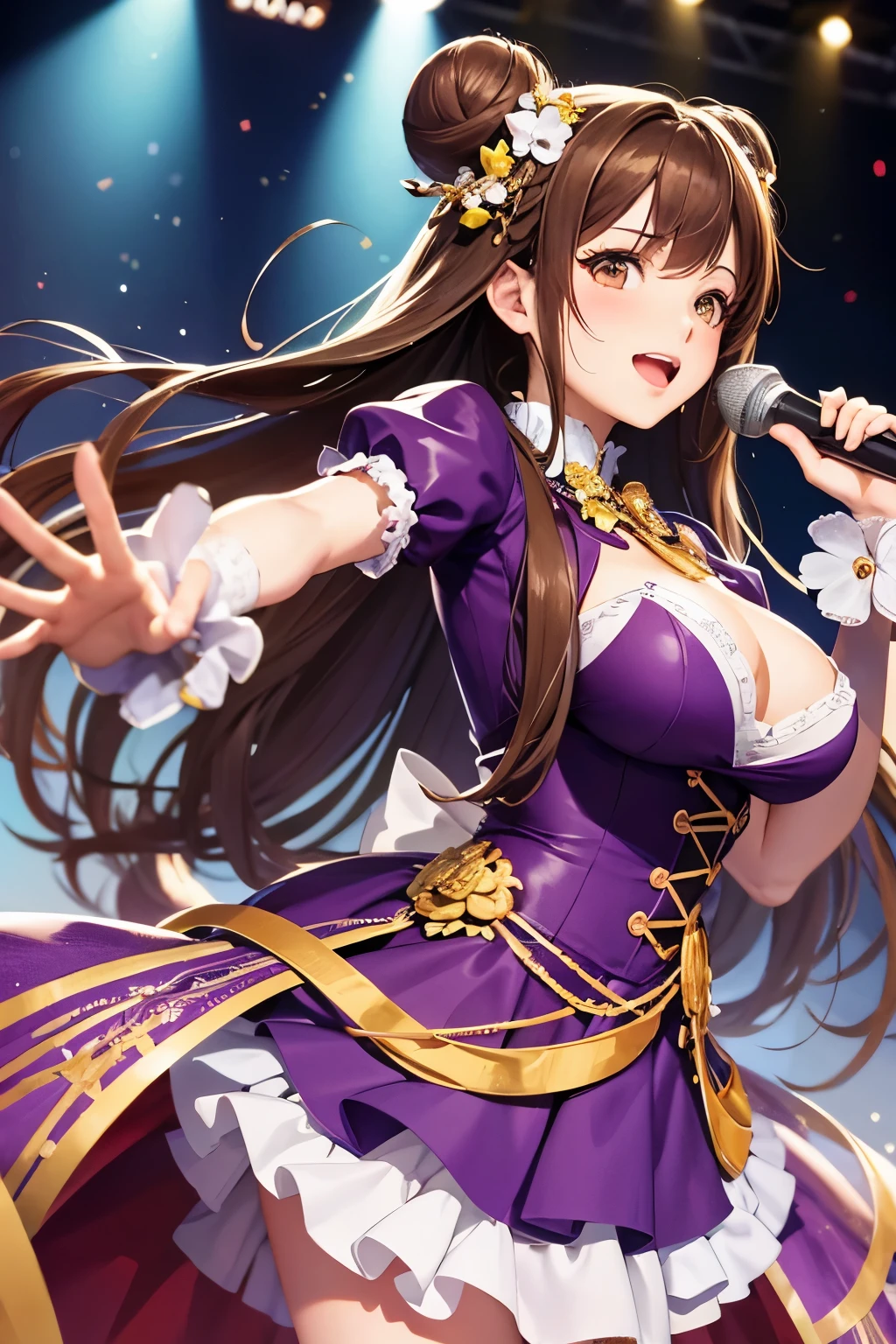 Top quality, ample limbs, perfect fingers, slender beauty, twin-tailed bun hairstyle, brown hair, Deresute, idol costume, beautiful large breasts, live stage, singing