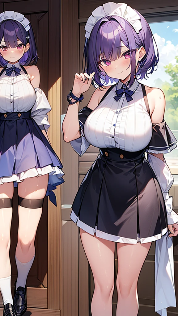 最high quality, high quality, Super detailed, 32k, Ultra-detailed details, Sister and maid, (only, Standing, pretty girl, beautiful purple hair, short hair, Beautiful RED eyes, mature, Big Breasts, A light smile, Off-the-shoulder sleeveless Summer メイド服, Summer casual maid clothes, Short skirt, Blue and white color striped underwear, Black knee socks, loafers, My crotch is wet with love juice, 18-year-old,cute), {{ターゲットの男の妹,The succubus infiltrates the mansion, peels the skin off her sister's face, replaces it with her own, and puts on a maid outfit with her sister's face, lifting her skirt to show her underwear., Mature body and sister's face}, She has transformed from a shy maid into a lewd one., A maid with her sister's face stuck on her face is vigorously pistoning her body, A maid who moves her body vigorously without caring if her breasts bounce, Super detailed, indoor, Full body image, ((Head to Toe:1.3)), NSFW