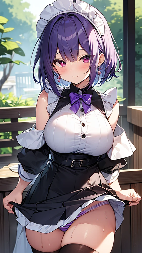 最high quality, high quality, Super detailed, 32k, Ultra-detailed details, Sister and maid, (only, Standing, pretty girl, beautiful purple hair, short hair, Beautiful RED eyes, mature, Big Breasts, A light smile, Off-the-shoulder sleeveless Summer メイド服, Summer casual maid clothes, Short skirt, Blue and white color striped underwear, Black knee socks, loafers, My crotch is wet with love juice, 18-year-old,cute), {{ターゲットの男の妹,The succubus infiltrates the mansion, peels the skin off her sister&#39;s face, replaces it with her own, and puts on a maid outfit with her sister&#39;s face, lifting her skirt to show her underwear., Mature body and sister&#39;s face}, She has transformed from a shy maid into a lewd one., A maid with her sister&#39;s face stuck on her face is vigorously pistoning her body, A maid who moves her body vigorously without caring if her breasts bounce, Super detailed, indoor, Full body image, ((Head to Toe:1.3)), NSFW