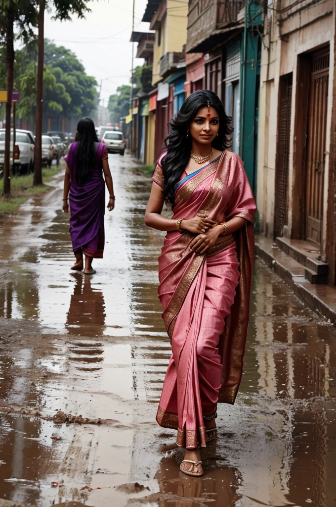 A rich Indian woman in saree walking on a muddy street. A poor is laying on his back in the middle of road. Lady on poor ??? back to cross the damp street