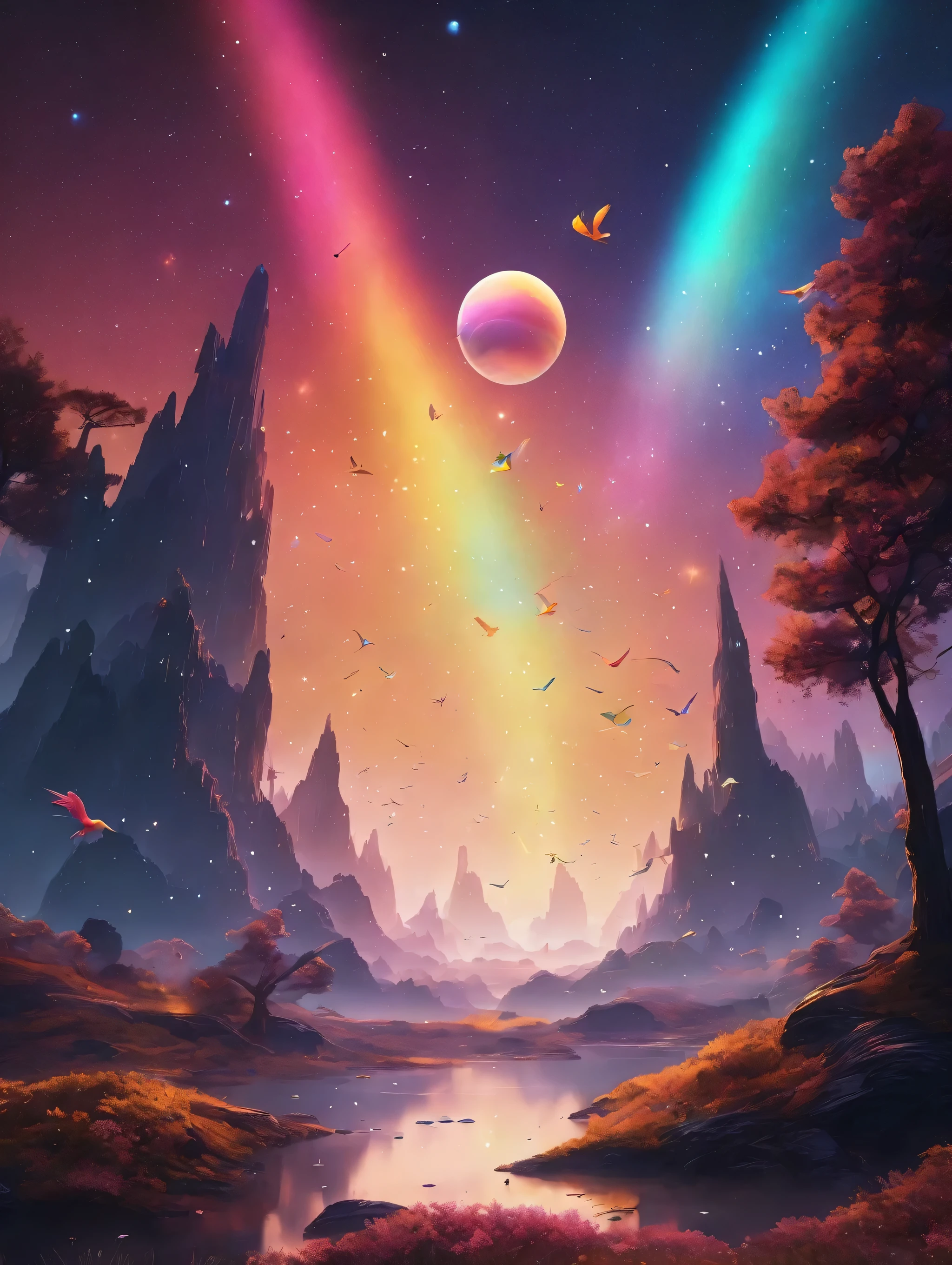 Create a surreal landscape with a realistic sky. The sky should remain its natural blue color, with no roads or ground visible, only the sky. The sky is filled with a meteor shower, and strange, otherworldly birds are flying. The birds have large, translucent wings that scatter light with every flap, and their beaks are long and curved, emitting stardust. In the background, giant planets and two moons float, slowly moving, emitting rainbow-colored auras. The scene is endless, with an infinite sky, shooting stars, and flying birds.