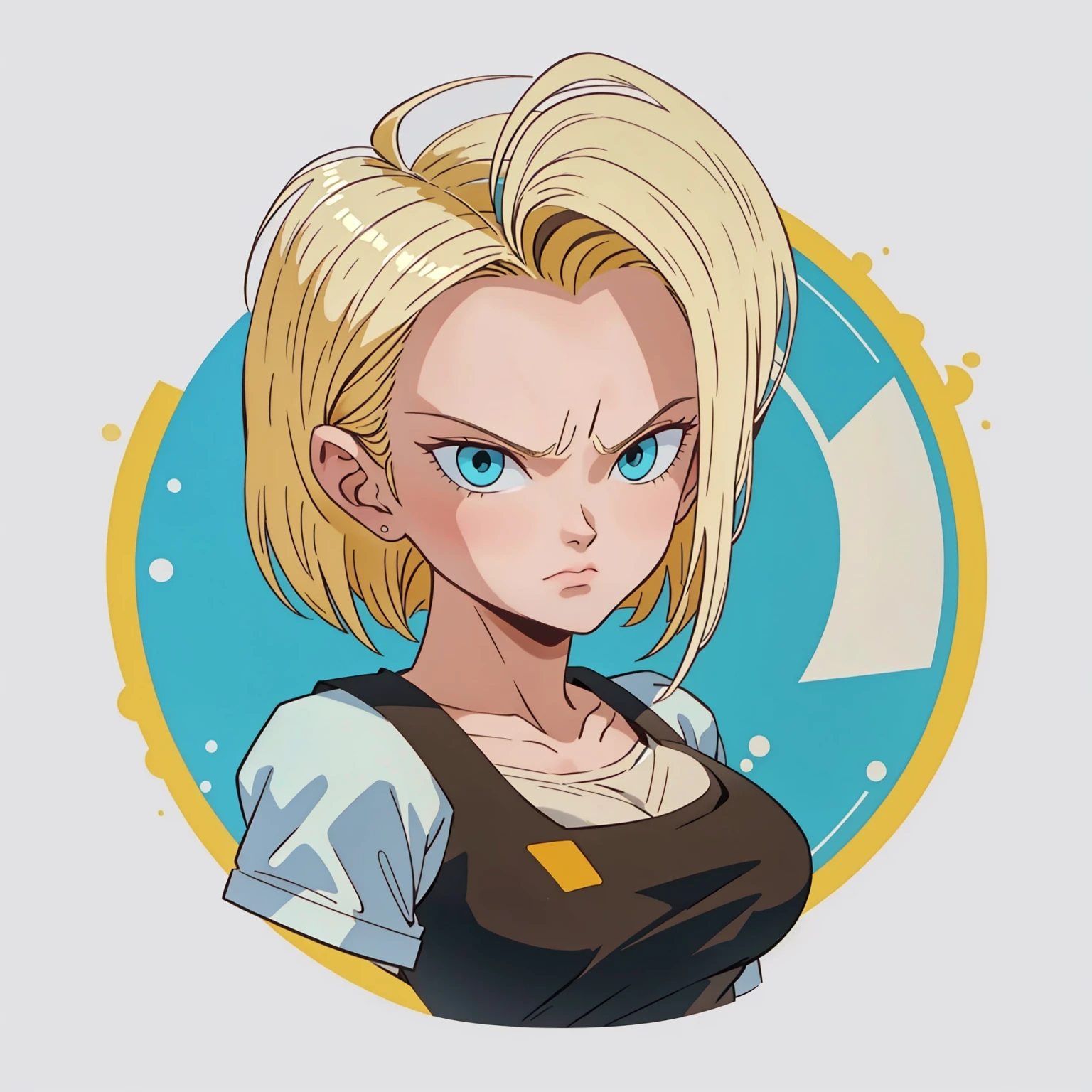 ((1girl,  android 18 , blonde hair, short hair, blue eyes, 1girl, white background, blonde hair, angry face, closed mouth)), looking at the viewer, 