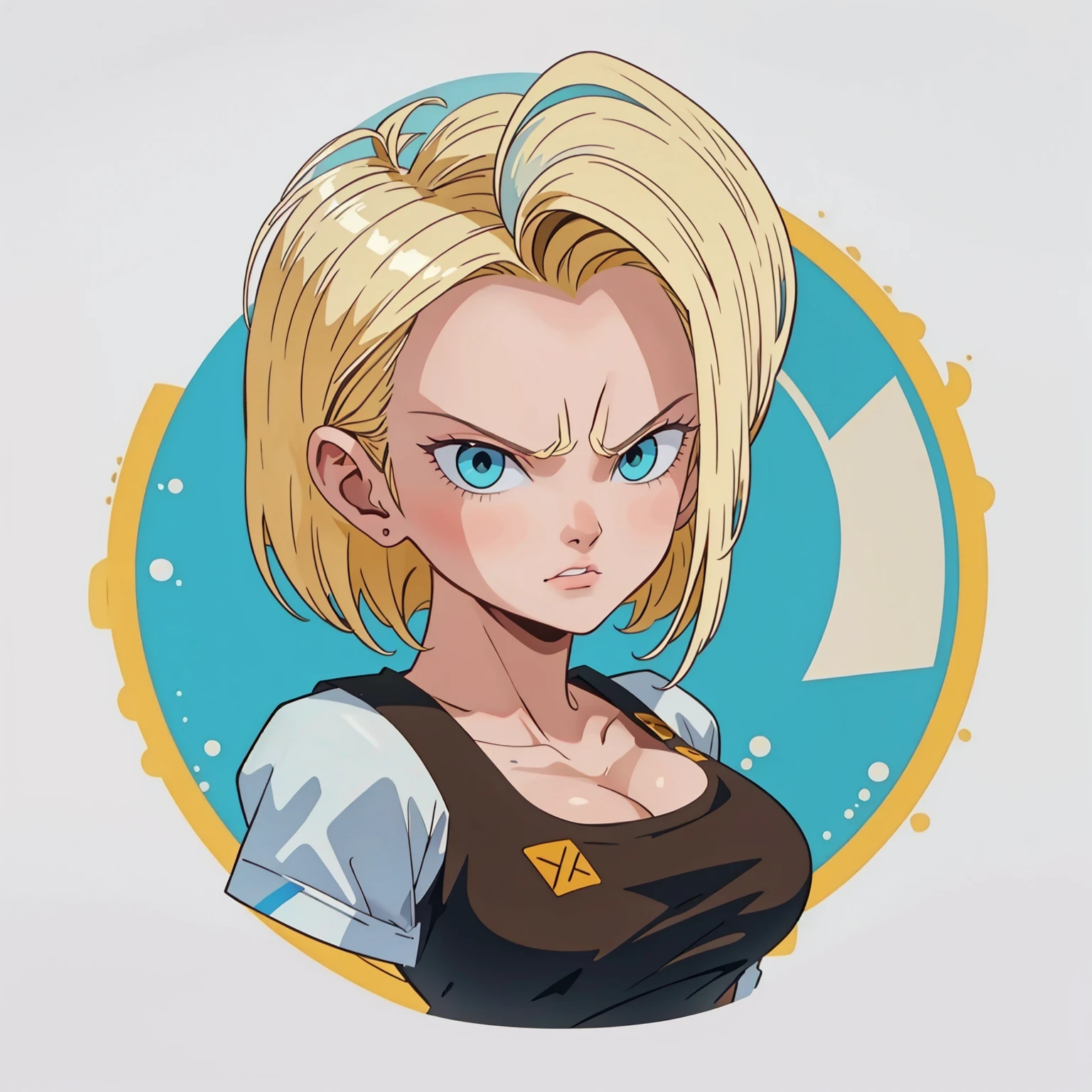 ((1girl, android 18 , blonde hair, short hair, blue eyes, 1girl, white background, blonde hair, angry face, closed mouth)), looking at the viewer,