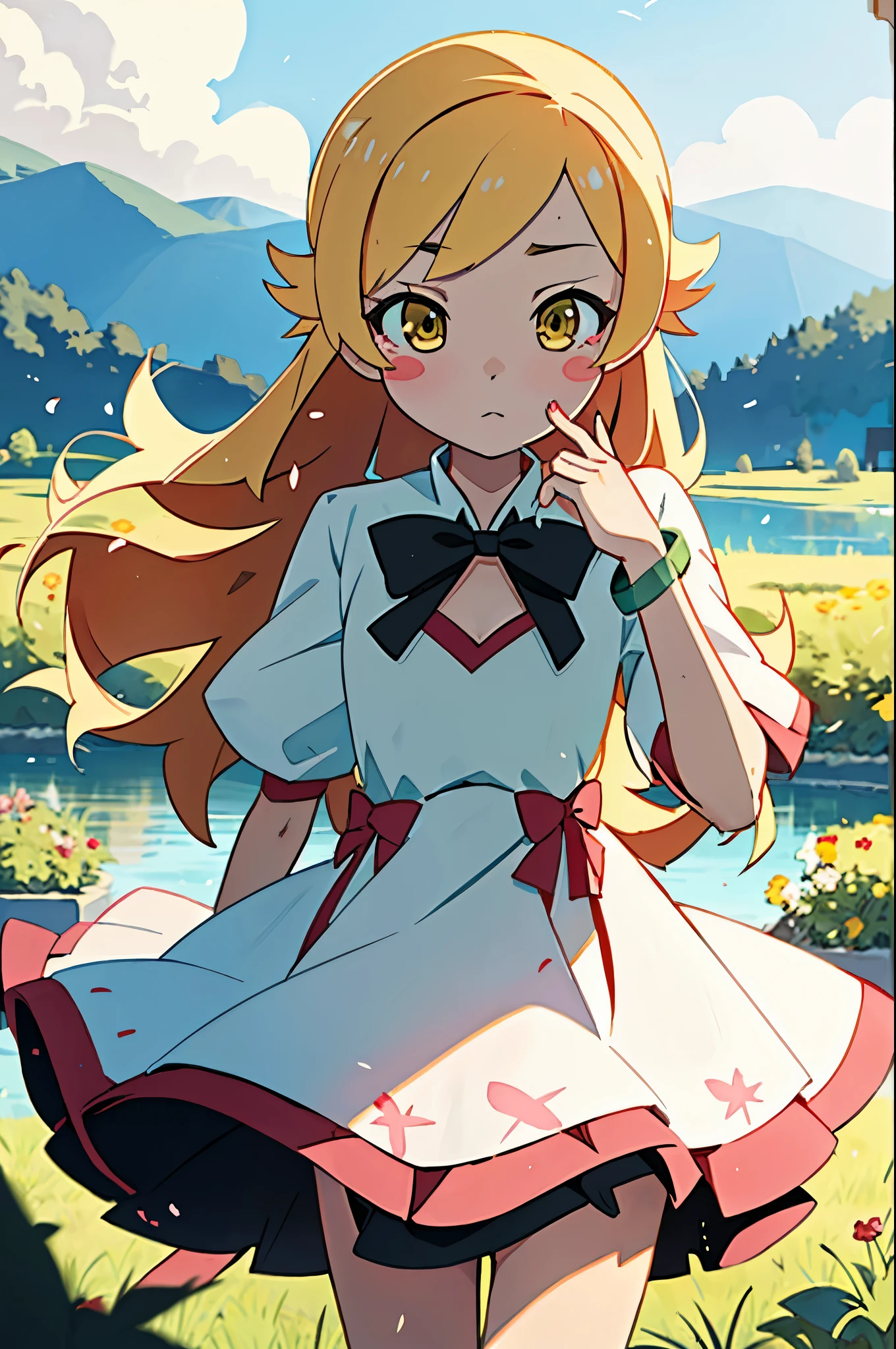 One girl, alone, woman, (Tolerate野_Tolerate),(blonde) (blonde_hair), (yellow_hair), ((length_hair)), ((前hair)), (yellow_eye), blush, cute, Innocent face, pointed_ear, (blush_Stickers), flat_chest, dress, bow, bracelet, tooth, Portrait Global Illumination, hdri, Scattered beneath the surface, masterpiece, 4K, Ray-tracing, beautiful, sharp, Smooth Skin, bloom, Anime Sunset, nature, Mountain々, cloud, Grass, Flowers, fire Fly, lake