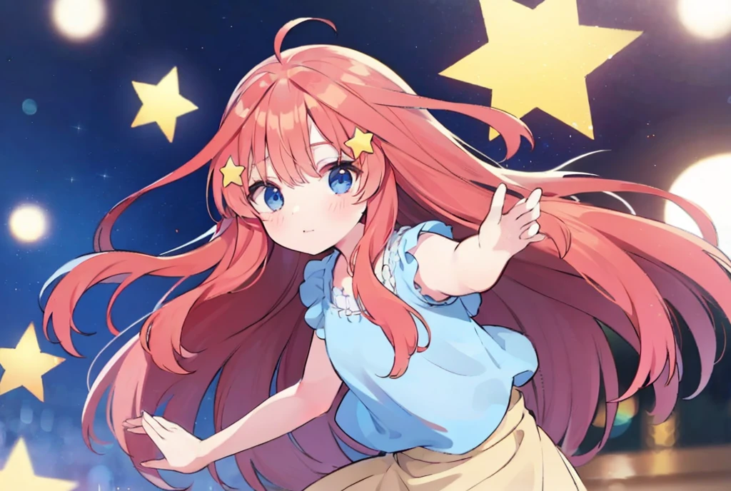 itsuki Nakano, Official art、Beautifully Aesthetic:1.2)、patterns、Hair spreads throughout、4k, excellent quality, Ultra Detail, Soft Light, Deep Focus Bokeh, Ray Tracing, --niji 5. Nakano itsuki from the quintessential quintuplets, itsuki Nakano, long fluffy red hair, blue eyes, nakano_itsuki, star hairclips, splendid, dynamic pose, excellent character design, star hair ornament , perfect face, neat, clean, perfect definition  aaitsuki, long fluffy hair,bangs,hair between eyes, (Casual Outfit),  long beige skirt, sleeveless top,surrounded by stars, playing with stars, curious amazed face