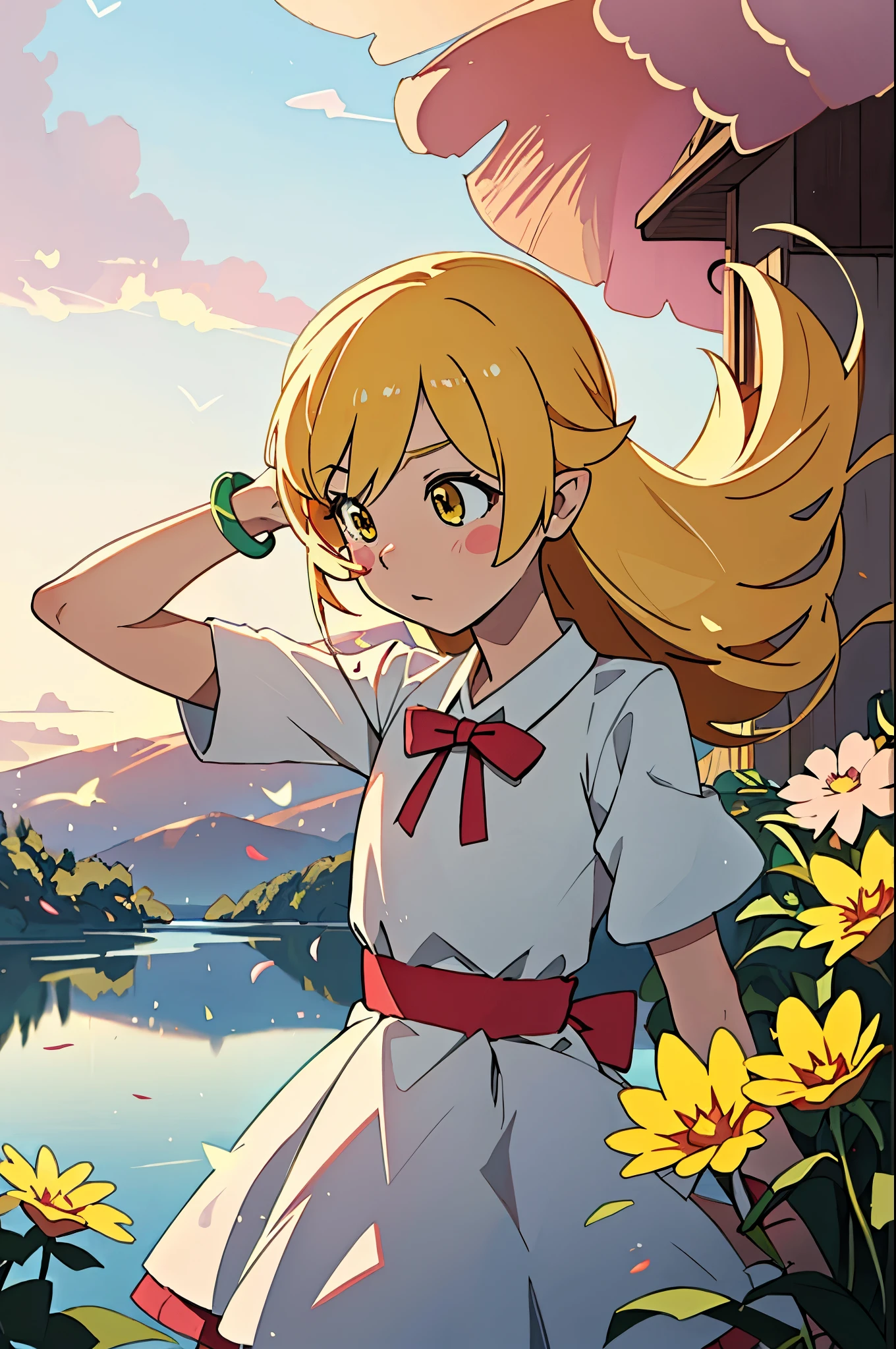 One girl, alone, woman, (Tolerate野_Tolerate),(blonde) (blonde_hair), (yellow_hair), ((length_hair)), ((前hair)), (yellow_eye), blush, cute, Innocent face, pointed_ear, (blush_Stickers), flat_chest, dress, bow, bracelet, tooth, Portrait Global Illumination, hdri, Scattered beneath the surface, masterpiece, 4K, Ray-tracing, beautiful, sharp, Smooth Skin, bloom, Anime Sunset, nature, Mountain々, cloud, Grass, Flowers, fire Fly, lake