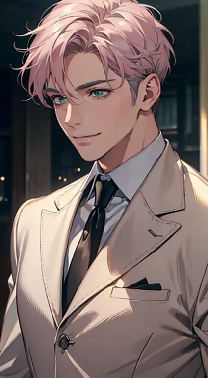 a mature man with short grey pink hair, green eyes, 31 years, and a perfect face, smiling in love, CEO, cinematic lighting, 1:4 HDR image, top view, ultra detailed, best quality, masterpiece, 8K, photorealistic, beautiful image