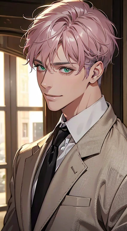 a mature man with short grey pink hair, green eyes, 31 years, and a perfect face, smiling in love, CEO, cinematic lighting, 1:4 HDR image, top view, ultra detailed, best quality, masterpiece, 8K, photorealistic, beautiful image