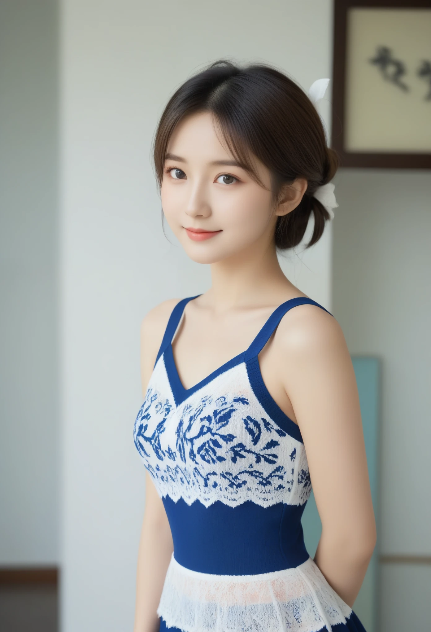 8K, Ultra-high resolution, Highest quality, masterpiece, 三分割法によるphotograph,Surreal, photograph, 1 Girl, (:1.3), pretty girl, Cute face, Beautiful eyes in every detail, In detail,masterpiece,, One Girl:1.2, Japan Female Announcer,(A very cute 20 year old young woman from Japan.), ((Light blonde delicate hair)), ((Short hair with side waves and twin tails)),(((Slim and slender figure))),Medium bust size、Small breasts、 (((Clean your hands))),(curly/curly髪),(((A very kind smile))), (((She is wearing navy blue and white lace panties.))),(((She is wearing a navy blue and white knitted dress.))) ,((Highest quality, 16 k race, Pieces fly: 1.3)), Light on the face, Highly detailed face, Highly detailed lips, Fine grain,
