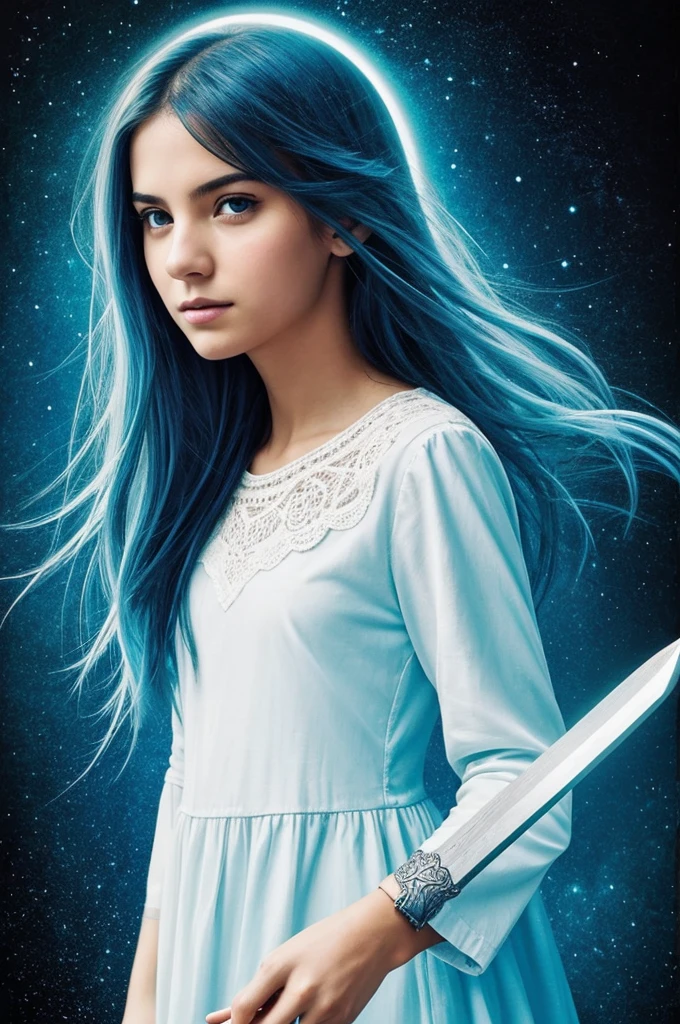 Create a book cover in size 10,8 cm x 17,4 cm with art that looks like painting. In it there should be a young white girl holding a dagger in her hand and there should be a bright blue aura around her.. The title should say in "colorless soul", the name should look smaller "Jason Santiago" And the slogan must say "I thought being normal was wrong, but not being is... much worse".