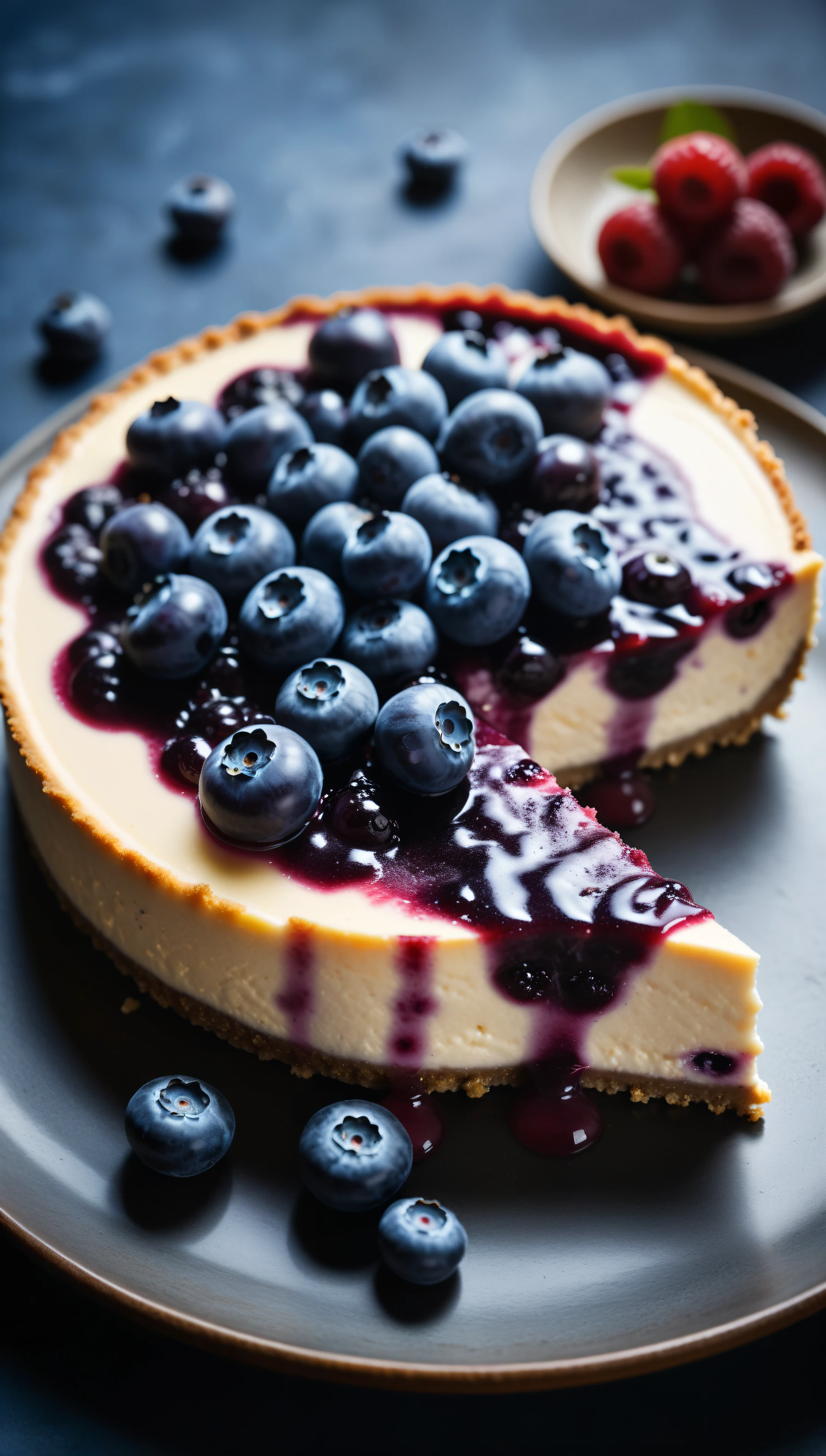Documentary RAW Photography,a Blueberry Cheesecake, highlighting its exquisite, lacy texture and impeccable balance. The composition should evoke an irresistible urge to taste, with every detail crafted to inspire both amateur and seasoned cooks, (sharpness in detail:1.1), masterpiece, 35mm photograph, (iconic photograph:1.4), (visual storytelling:1.2), film grain, award winning photography,vibrant use of light and shadow, high quality textures of materials, volumetric textures perfect composition, dynamic play of light, rich colors, epic shot, perfectly quality, natural textures,high detail, photoshadow, (natural colors, correct white balance, color correction, dehaze),(intricate detailed), 8k