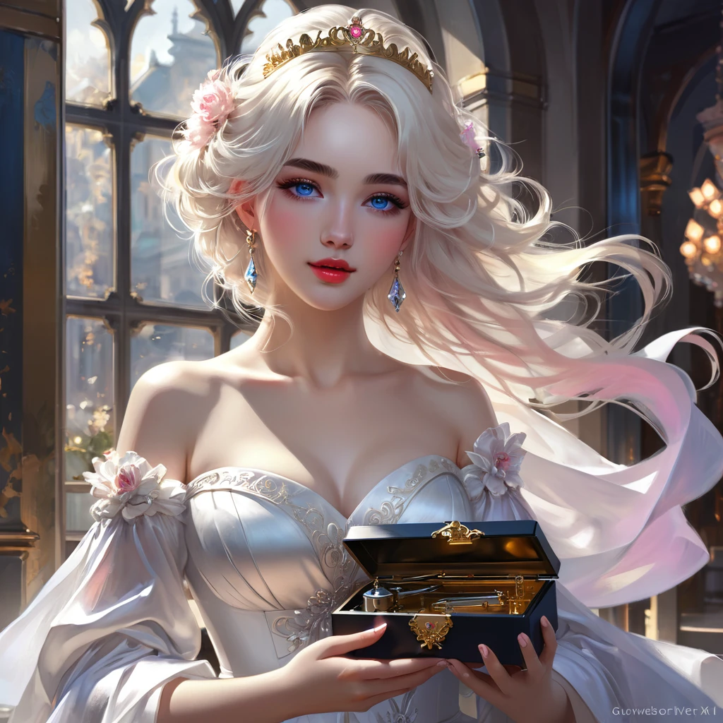 there is a woman in a white dress holding a Music Box, artwork in the style of guweiz, guweiz on pixiv artstation, guweiz on artstation pixiv, guweiz, fantasy art style, guweiz masterpiece, beautiful and elegant queen, beautiful character painting, detailed digital anime art, blonde - haired princess, White hair, sky blue eyes, pink lips
