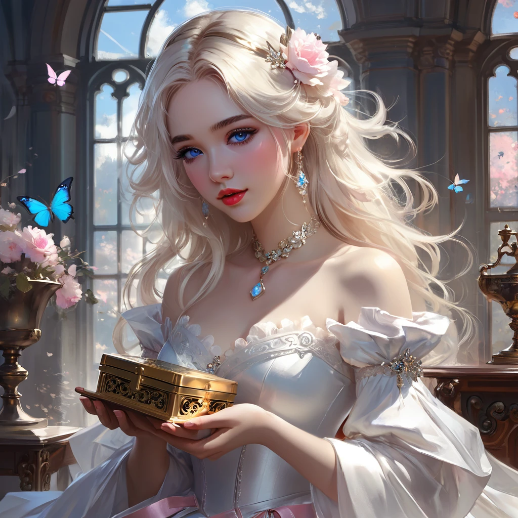 there is a woman in a white dress holding a Music Box, artwork in the style of guweiz, guweiz on pixiv artstation, guweiz on artstation pixiv, guweiz, fantasy art style, guweiz masterpiece, beautiful and elegant queen, beautiful character painting, detailed digital anime art, blonde - haired princess, White hair, sky blue eyes, pink lips