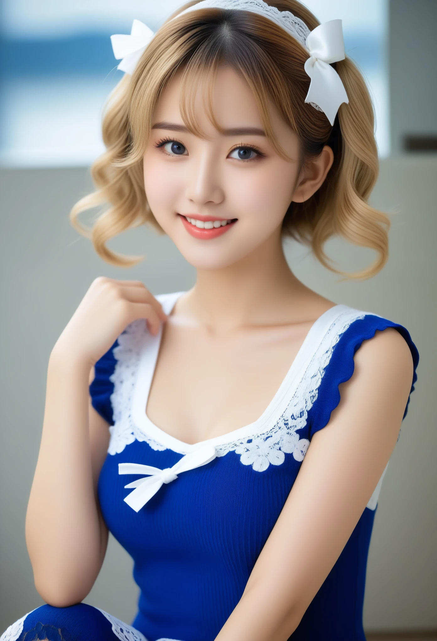 8K, Ultra-high resolution, Highest quality, masterpiece, 三分割法によるphotograph,Surreal, photograph, 1 Girl, (16 years old:1.3), pretty girl, Cute face, Beautiful eyes in every detail, In detail,masterpiece,, One Girl:1.2, Japan Female Announcer,(A very cute 20 year old young woman from Japan.),  ((Light blonde delicate hair)), ((Short hair with side waves and twin tails)),(((Slim and slender figure)))，Medium bust size､Small breasts､ (((Clean your hands)))，(curly/curly髪)，(((A very kind smile))), (((She is wearing navy blue and white lace panties.)))，(((She is wearing a navy blue and white knitted dress.))) ，((Highest quality, 16 k race, Pieces fly: 1.3)), Light on the face, Highly detailed face, Highly detailed lips, Fine grain,