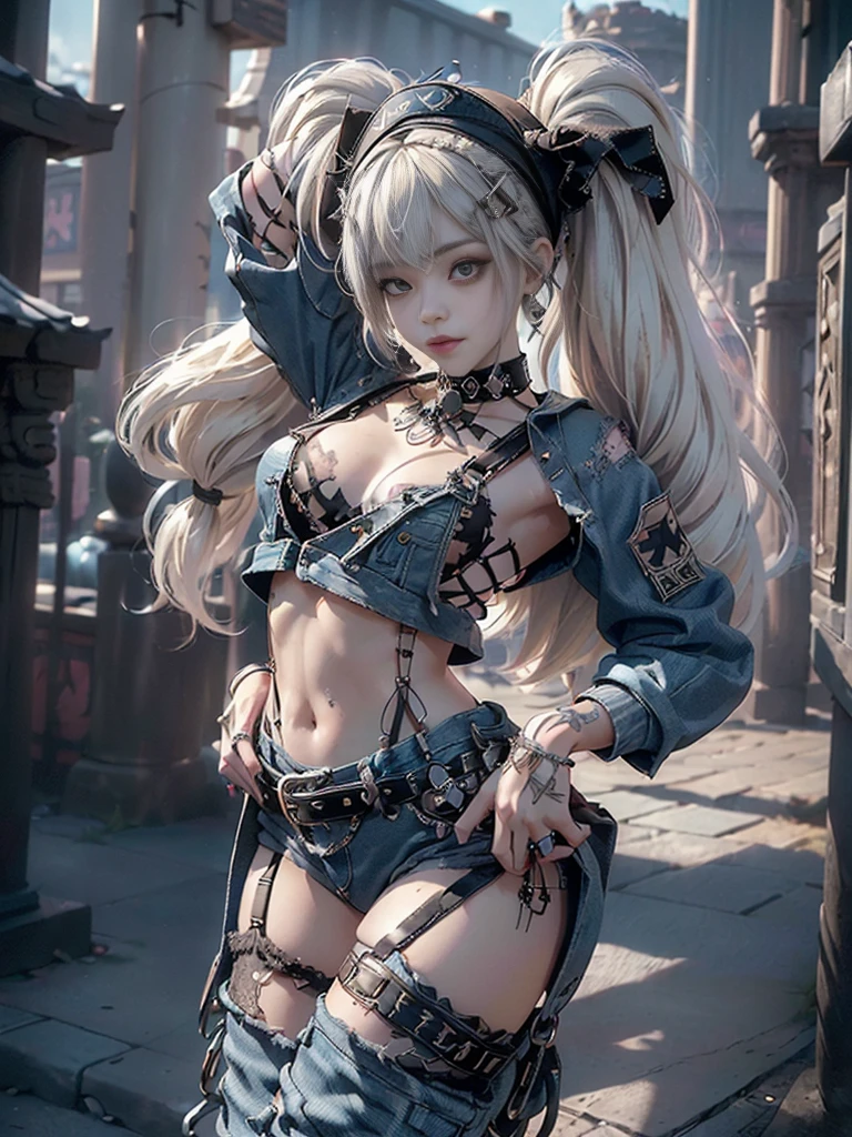 (Full Body View:1.3)、(Beautiful lips and nose:1.4)、(Long eyelashes:1.4)、(Side view:1.1)、(Smiling with teeth showing:1.3),(Shibuya Gal:1.5)、(Gothic ta delicately decorated dress:1.5)、(Tattered denim and black punk rock cargo pants:1.5)、(Denim and black navy skull mark small jacket:1.4)、(denim garter belt:1.5)、(Black and denim knee socks:1.3)、(Skull Silver Accessories:1.5)、(Denim collar:1.3)、(Brown Skin Belt:1.4)、(Brown boots:1.2)、(The underwear is striped:1.4)、31 years old、((Highest quality、In 8K、masterpiece:1.3))、Sharp focus:1.2、(Layered Cut、Huge boobs:1.1),Beautiful woman with perfect figure:1.4、(Dancing vigorously:1.3)、Slender Abs:1.2、Highly detailed face and skin texture、Detailed eyes、double eyelid,(Twin tails:1.3)、(Cream colored hair:1.3)、Gravure idol、(The background is a gorgeous temple in the sky:1.3)、(Slim body:1.2),(Make your legs thinner:1.4),(clavicle:1.1)