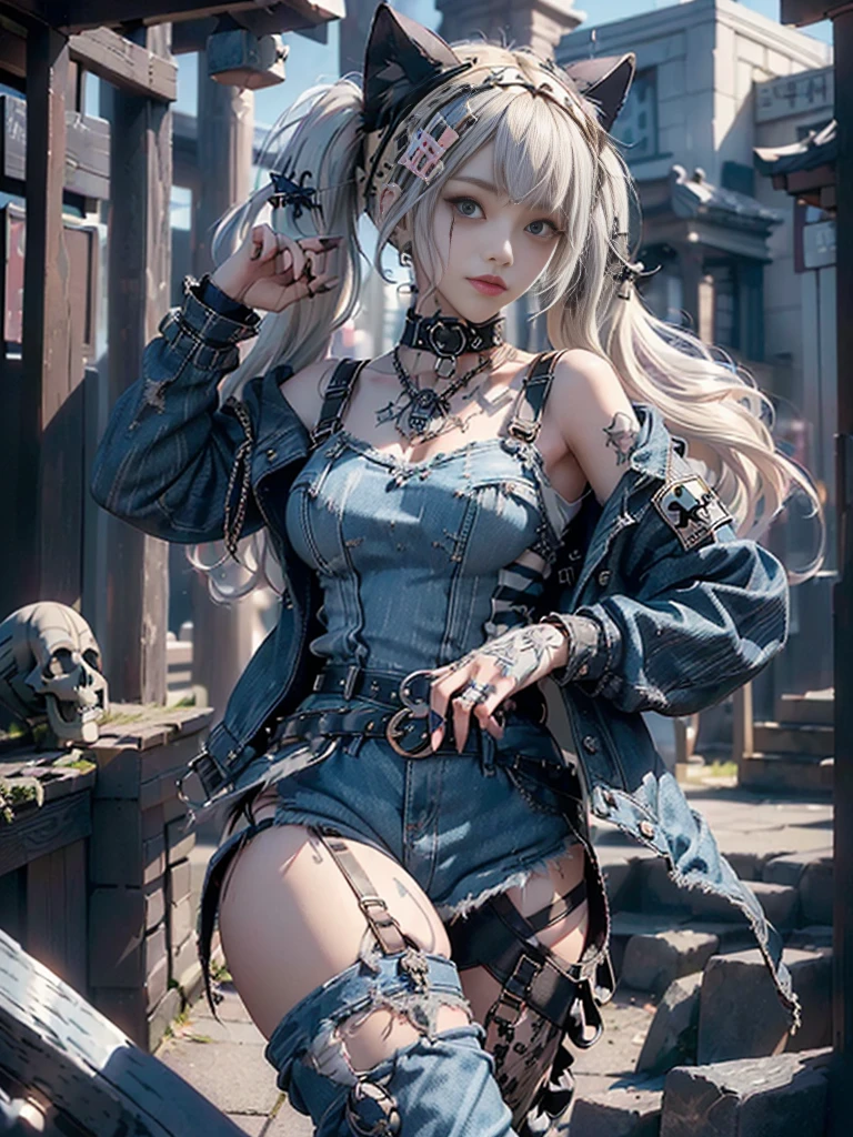 (Full Body View:1.3)、(Beautiful lips and nose:1.4)、(Long eyelashes:1.4)、(Side view:1.1)、(Smiling with teeth showing:1.3),(Shibuya Gal:1.5)、(Gothic ta delicately decorated dress:1.5)、(Tattered denim and black punk rock cargo pants:1.5)、(Denim and black navy skull mark small jacket:1.4)、(denim garter belt:1.5)、(Black and denim knee socks:1.3)、(Skull Silver Accessories:1.5)、(Denim collar:1.3)、(Brown Skin Belt:1.4)、(Brown boots:1.2)、(The underwear is striped:1.4)、31 years old、((Highest quality、In 8K、masterpiece:1.3))、Sharp focus:1.2、(Layered Cut、Huge boobs:1.1),Beautiful woman with perfect figure:1.4、(Dancing vigorously:1.3)、Slender Abs:1.2、Highly detailed face and skin texture、Detailed eyes、double eyelid,(Twin tails:1.3)、(Cream colored hair:1.3)、Gravure idol、(The background is a gorgeous temple in the sky:1.3)、(Slim body:1.2),(Make your legs thinner:1.4),(clavicle:1.1)