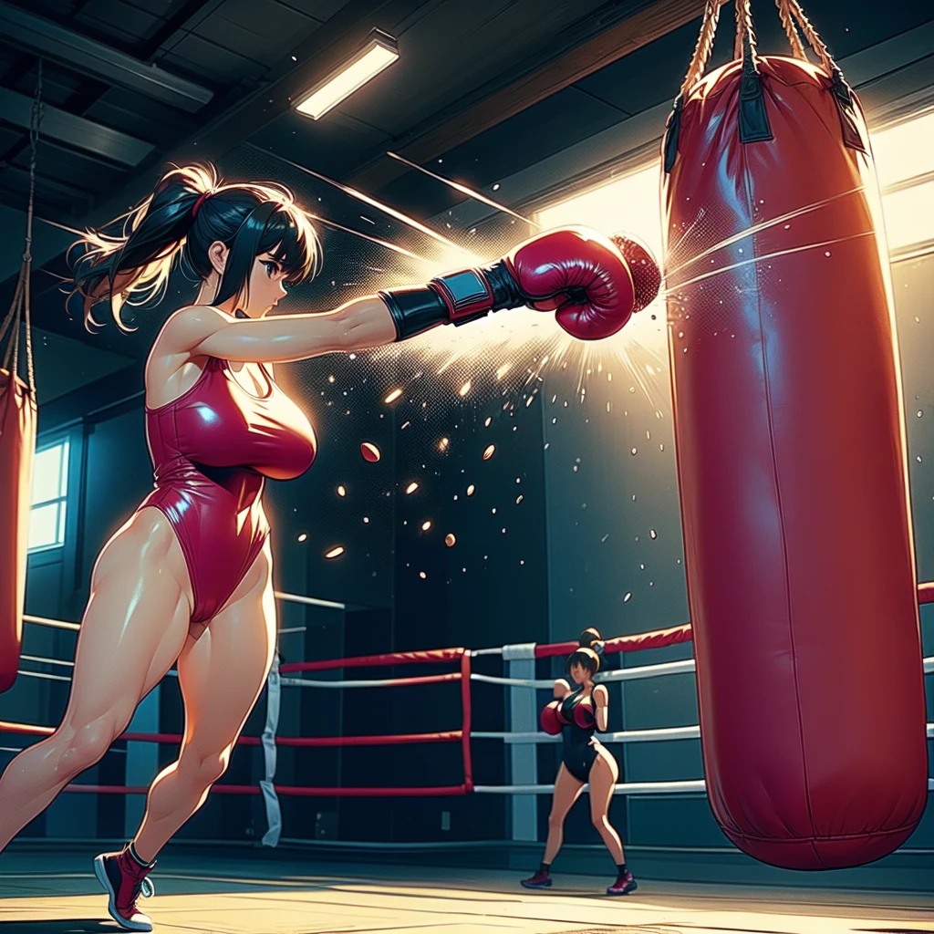 NSFW , Penis-shaped punching bag , Fullbody shot , Female boxing, Wear leotard , So huge breasts.