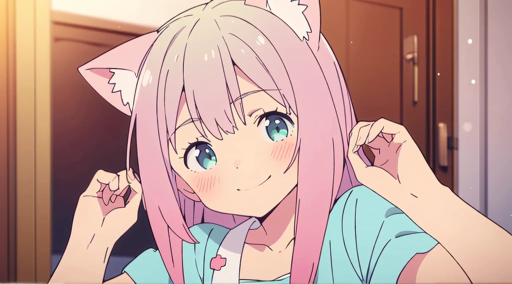 interior,hospital,A girl, alone, green eyes, gray fur, Hair ornaments, hits, Youtuber Virtual, shine, blunt hits, double explosion, animal ears, Lens flare, flat chest,pink nurse uniform,blush, (See your viewers), SMILE,