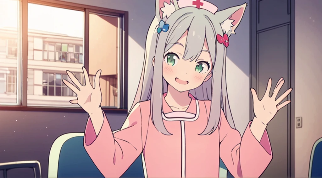 interior,hospital,A girl, alone, green eyes, gray fur, Hair ornaments, hits, Youtuber Virtual, shine, blunt hits, double explosion, animal ears, Lens flare, flat chest,pink nurse uniform,blush, (See your viewers), SMILE, 