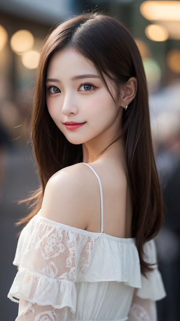 table top, highest quality, shape, Super detailed, finely, High resolution, 8k wallpaper, Perfect dynamic shape, beautiful and detailed eyes, small breasts, natural color lip, random sexy pose,smile、20 year old girl、midnight、Beautiful and dense face、perfect and beautiful face,Big eyes、real photos(best image quality),Sheer off-shoulder dress、looking at camera、Please stand、Do gal makeup,blurred background