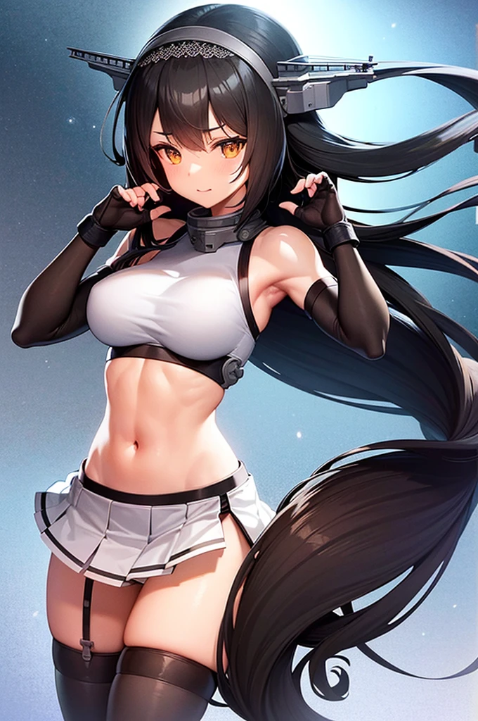 hyper detailed, perfect anatomy, best quality, extremely delicate, extremely detailed, cool,1 girl, Nagato(kancolle), long hair, headgear, dark hair, hairband, collar, bare shoulders, crop top, elbow gloves, fingerless gloves, black gloves, midriff, pleated skirt, white skirt, garter straps, thighhighs, muscle, muscular abs, six pads, with a black cat, night sky, stars, milkyway, sea, wave,