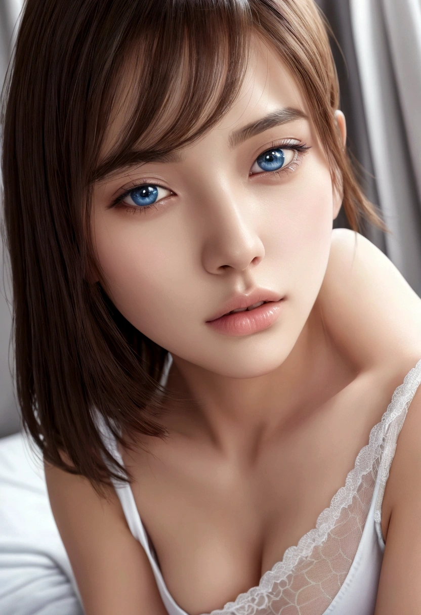 There is a woman lying in bed with a man in the background, Cute sexy ass, Very close shot, リアルなビキニ, シック, Rendered in high resolution, Ultra-realistic painting, Lower body close-up, Low Perspective, 21 years old, extremely detailedwhite blue swimsuit, large breasts, butt, cute face, big eyes, slanted eyes, thin lips, bob hair, mediumseagreen hair, cadetblue eyes, peer in from below, illustration style, japanese, beautiful woman, boyish, (RAW photo, masterpiece:1.2), ultra detailed, ultra high res, (realistic, photo realistic:1.37), portrait, high detail RAW color photo, professional photograph, an extremely delicate and beautiful, extremely detailed, Amazing, finely detail, huge file size, official art, extremely detailed beautiful girl, extremely detailed face, extremely detailed eyes, extremely detailed skin, extremely detailed fingers, extremely detailed nose, extremely detailed mouth, perfect anatomy, highly detailed background, best quality  