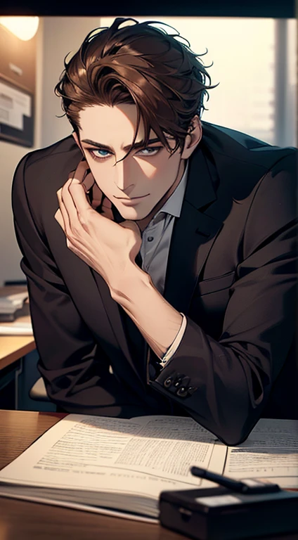 (best quality,4k,8k,highres,masterpiece:1.2),ultra-detailed,(realistic,photorealistic,photo-realistic:1.37),1 man,31 years old,mature man,very handsome,without expression,smile,short brown hair,blue eyes,penetrating gaze,perfect face without errors,imposing posture,businessman,office background,cinematic lighting,hdr image