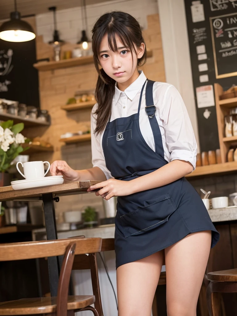 18-year-old girl working at a quiet cafe. Apron skirt. Troubled expression Low angle shooting